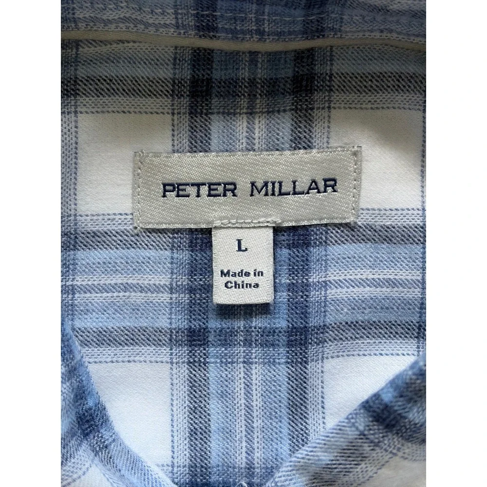 Peter Millar Mens Blue Plaid Cotton Button Down Shirt Large Long Sleeve Preppy
